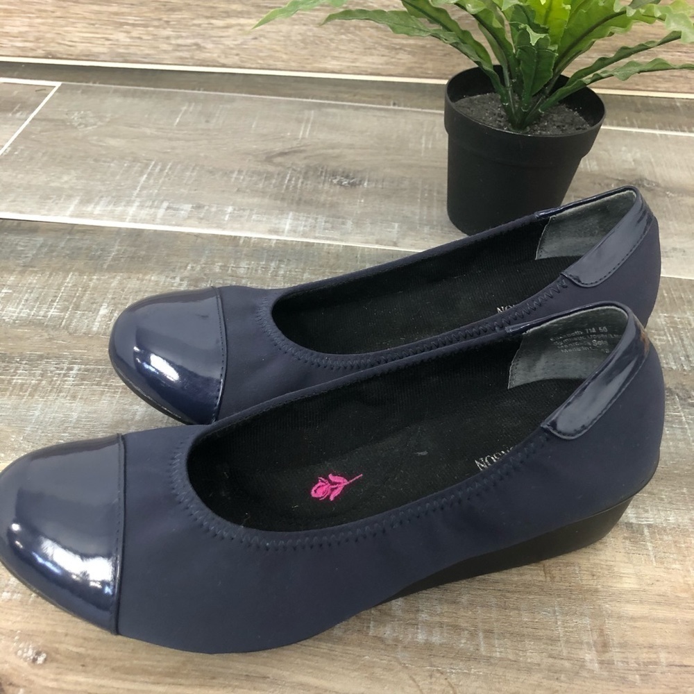 Ros Hommerson Elizabeth Blue Patent Toes Stretch Fabric Wedge Slide Shoe Size 7 - Picture 7 of 12